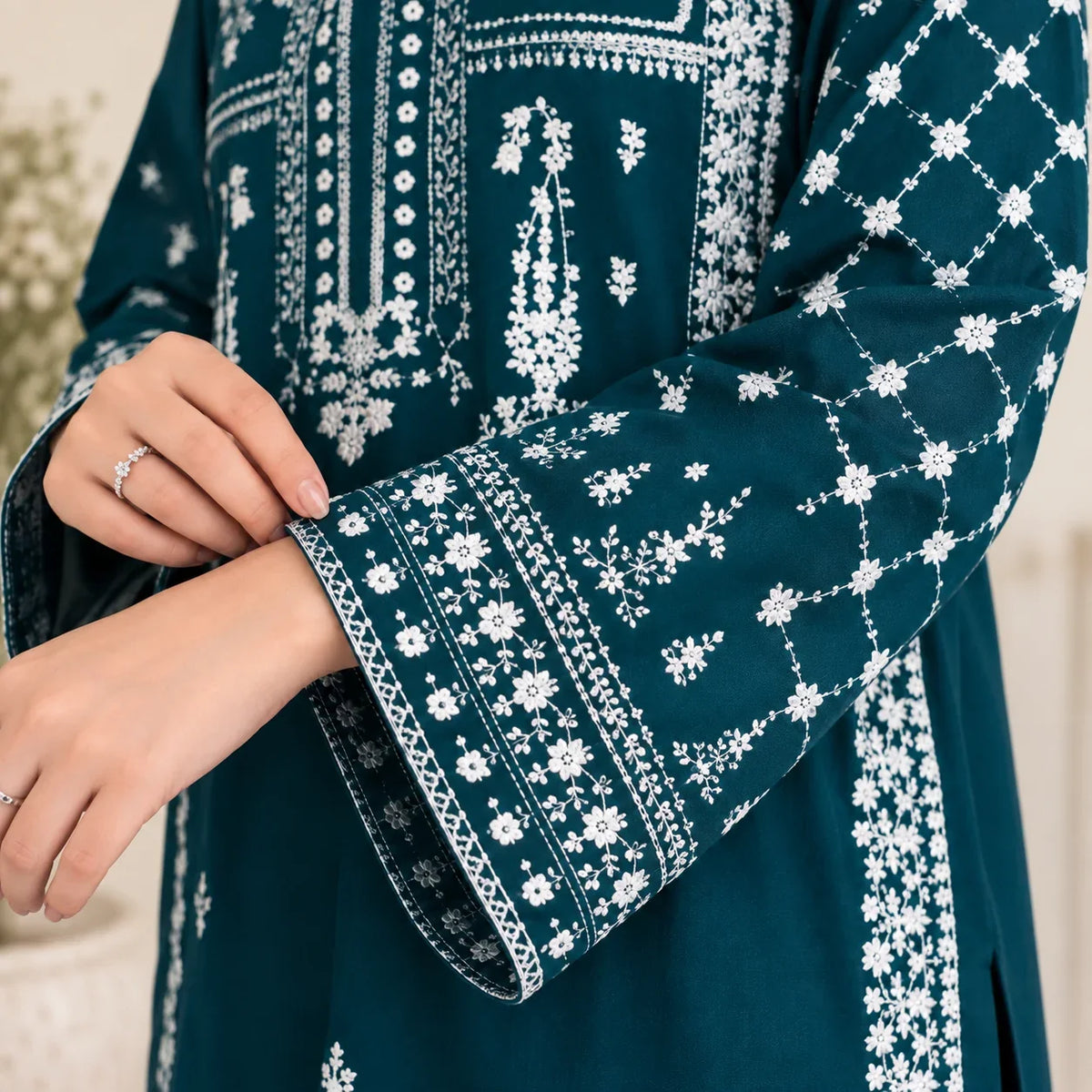 Teal Dhanak Embroidered 2-Piece Winter Suit – DE-5149