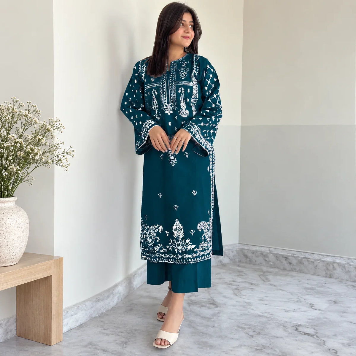 Teal Dhanak Embroidered 2-Piece Winter Suit – DE-5149