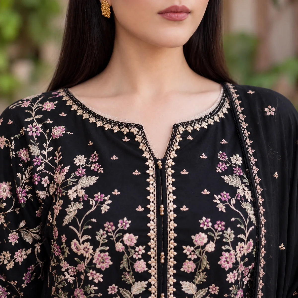 Black Dhanak Luxury Embroidered 3-Piece Winter Suit – DE-4143