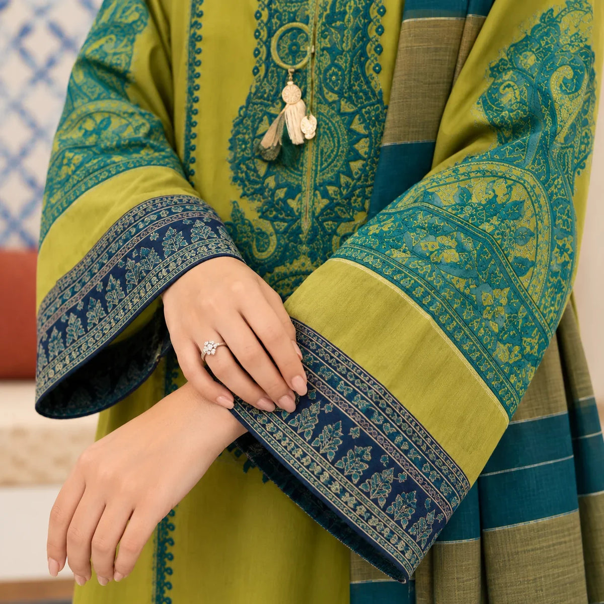 Olive Green Dhanak Embroidered 3-Piece Winter Suit with Wool Shawl – DE-6195