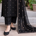 Women's Embroidered 3-Piece Dhanak Suit DE-4143 Black