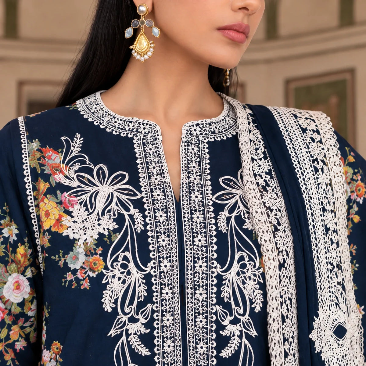 Luxury Dhanak Embroidered 3-Piece Winter Suit – Navy Blue | DE-4152