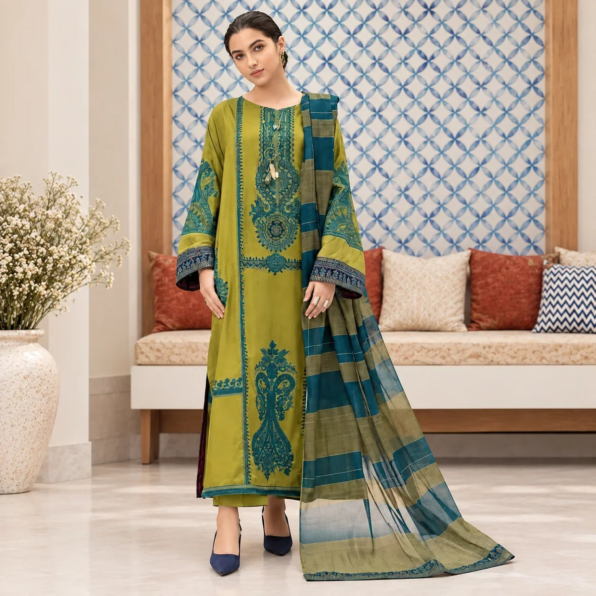 Olive Green Dhanak Embroidered 3-Piece Winter Suit with Wool Shawl – DE-6195