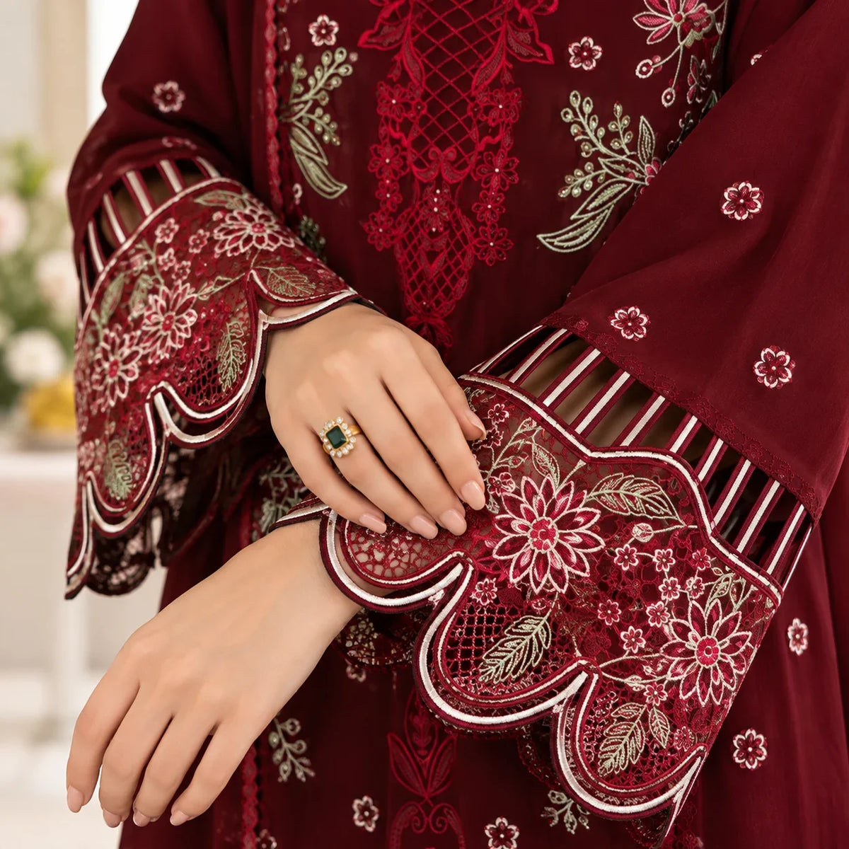 Maroon Dhanak Luxury Embroidered 3-Piece Winter Suit – DE-6525