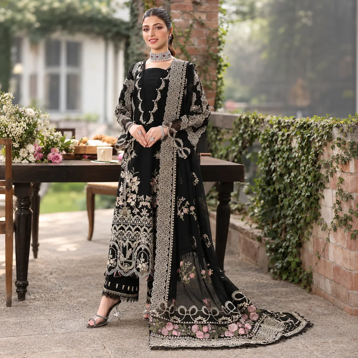 Luxury Dhanak Embroidered 3-Piece Winter Suit – DE-6124 | Black & Red