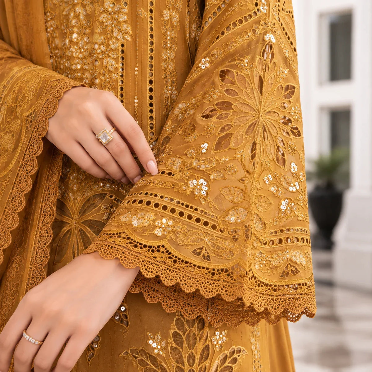 Mustard Gold Dhanak Luxury Embroidered 3-Piece Winter Suit – DE-6176