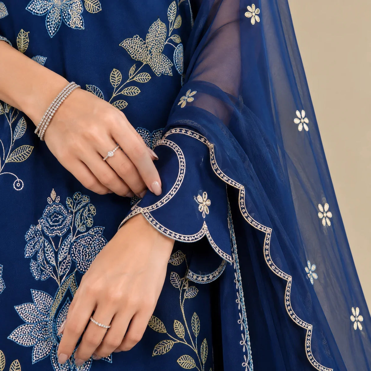 Navy Blue Dhanak Luxury Embroidered 3-Piece Winter Suit – DE-6186