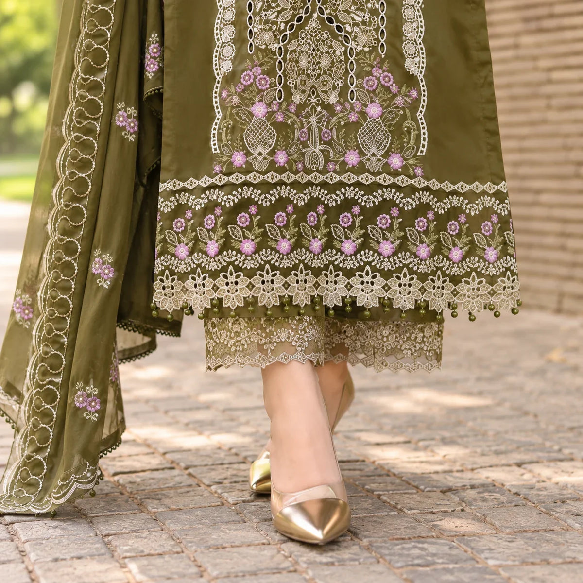Olive Green Dhanak Luxury Embroidered 3-Piece Winter Suit – DE-6116