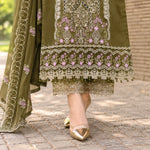 Olive Green Dhanak Luxury Embroidered 3-Piece Winter Suit – DE-6116