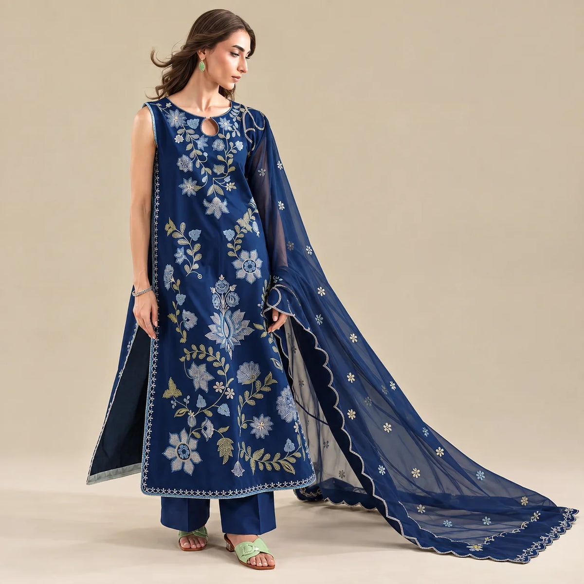 Navy Blue Dhanak Luxury Embroidered 3-Piece Winter Suit – DE-6186