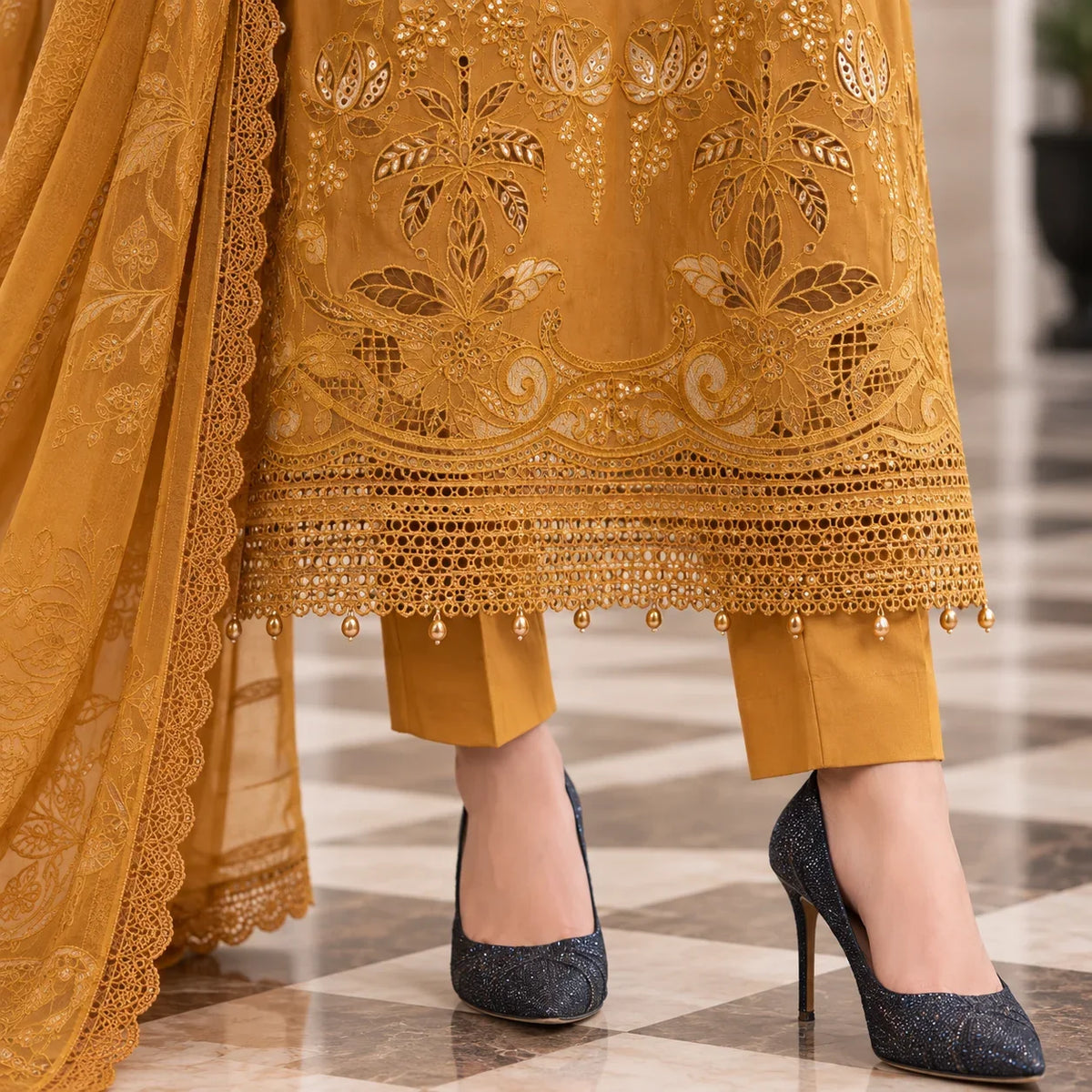 Mustard Gold Dhanak Luxury Embroidered 3-Piece Winter Suit – DE-6176