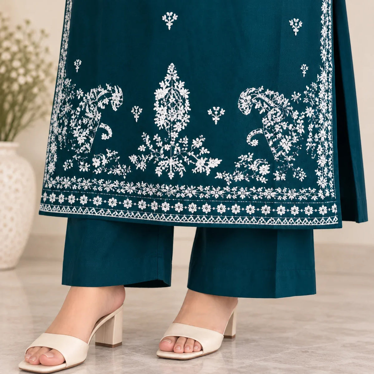 Teal Dhanak Embroidered 2-Piece Winter Suit – DE-5149