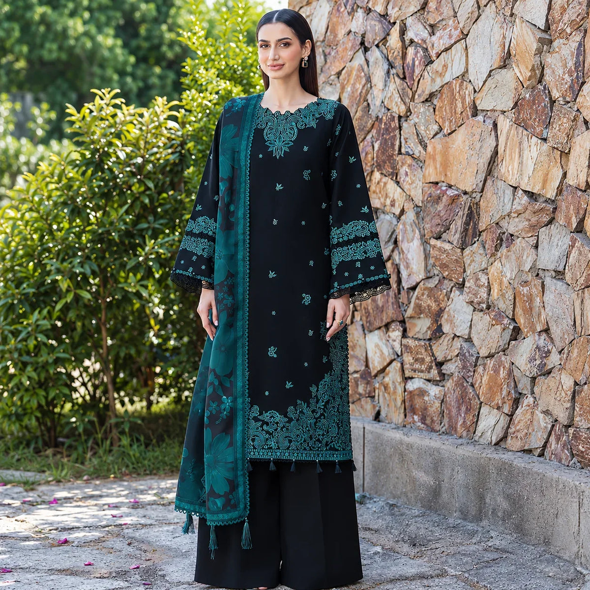 Black & Teal Dhanak Luxury Embroidered 3-Piece Winter Suit – DE-6159