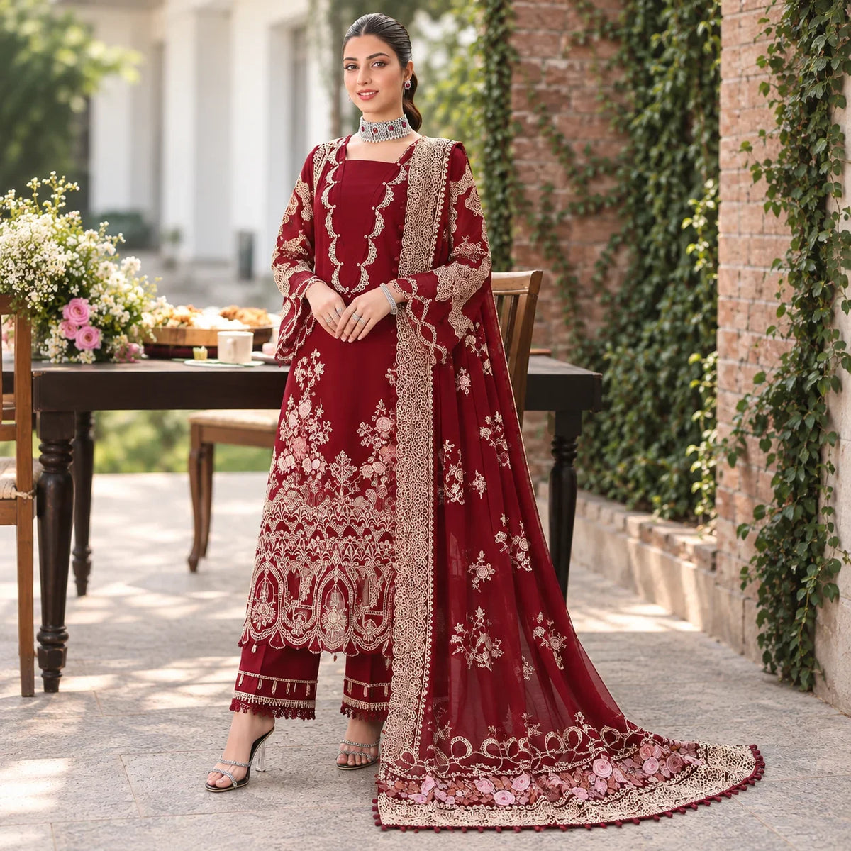 Luxury Dhanak Embroidered 3-Piece Winter Suit – DE-6124 | Black & Red