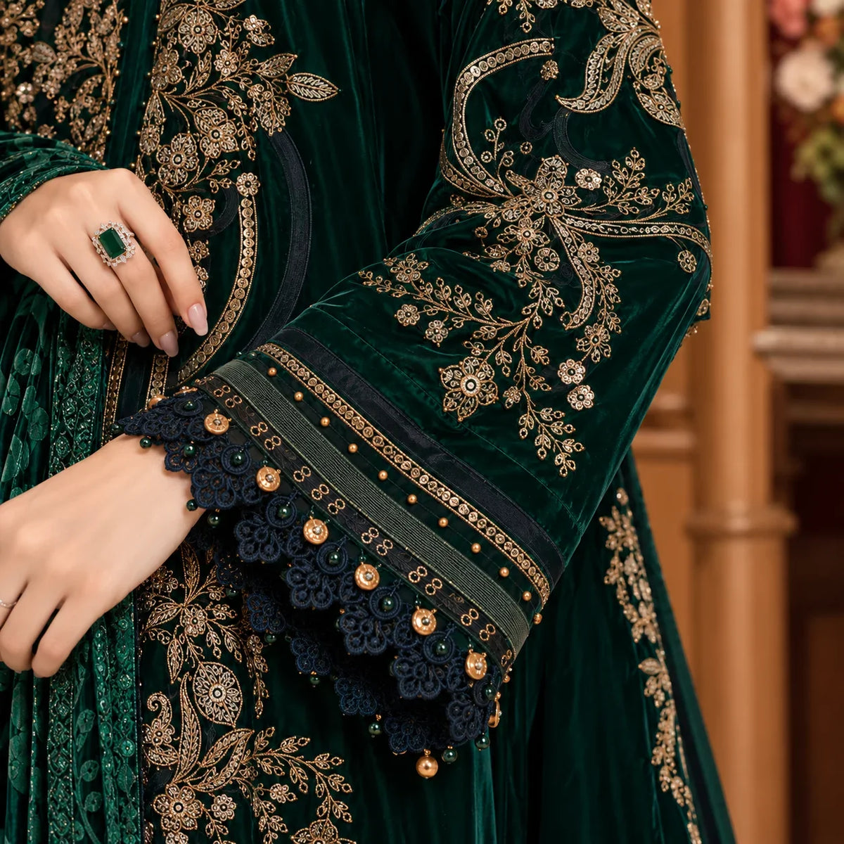 Bottle Green Dhanak Luxury Embroidered 3-Piece Winter Suit – DE-6172