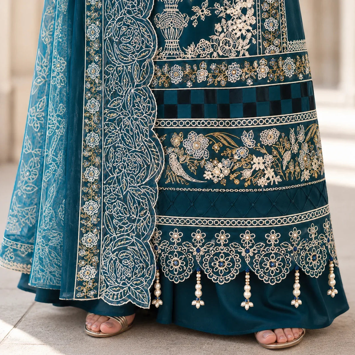 Teal Blue Dhanak Luxury Embroidered 3-Piece Winter Suit – DE-6135