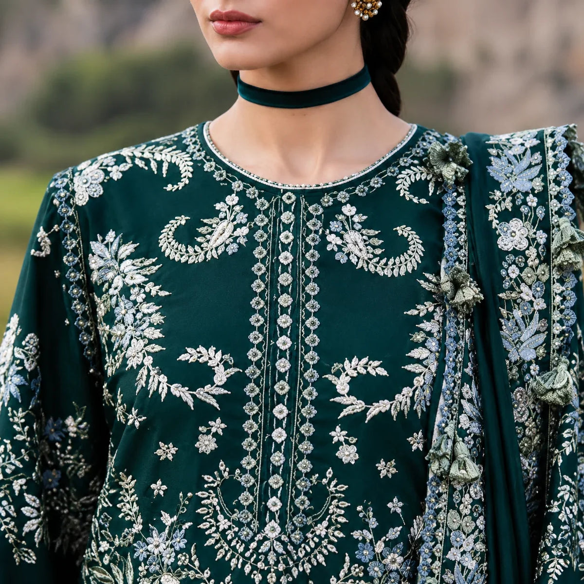 Deep Teal Dhanak Luxury Embroidered 3-Piece Winter Suit – DE-6181