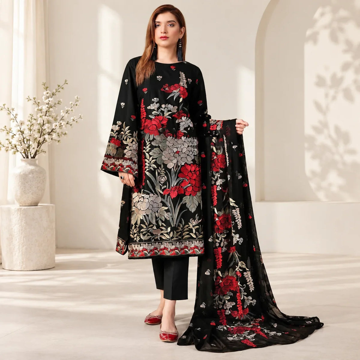 Bareeze Women's Embroidered 3-Piece Dhanak Winter Suit Black DE-6209