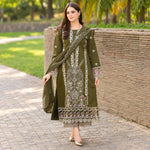 Olive Green Dhanak Luxury Embroidered 3-Piece Winter Suit – DE-6116