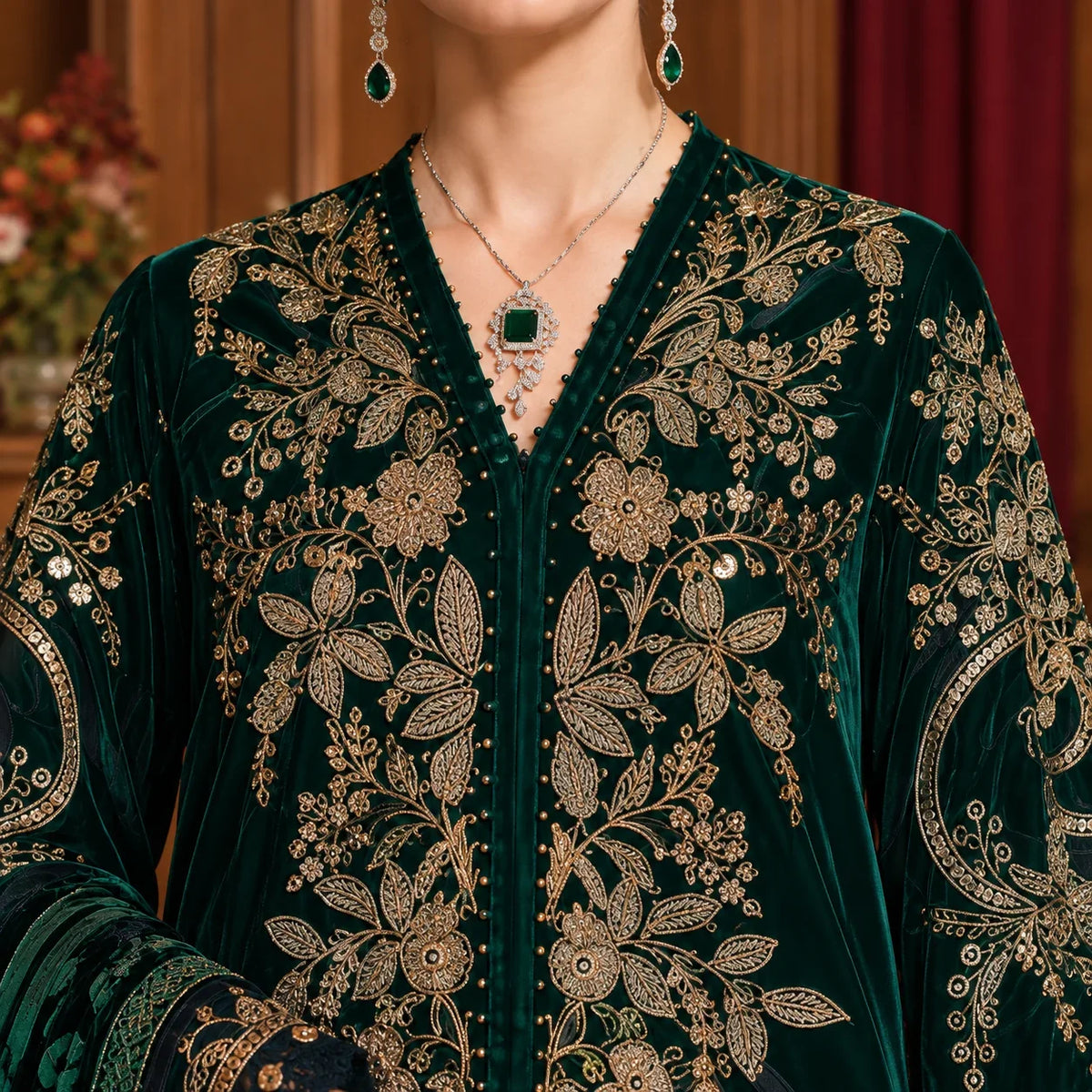 Bottle Green Dhanak Luxury Embroidered 3-Piece Winter Suit – DE-6172
