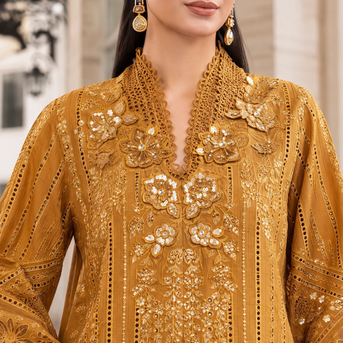 Mustard Gold Dhanak Luxury Embroidered 3-Piece Winter Suit – DE-6176