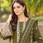 Olive Green Dhanak Luxury Embroidered 3-Piece Winter Suit – DE-6116