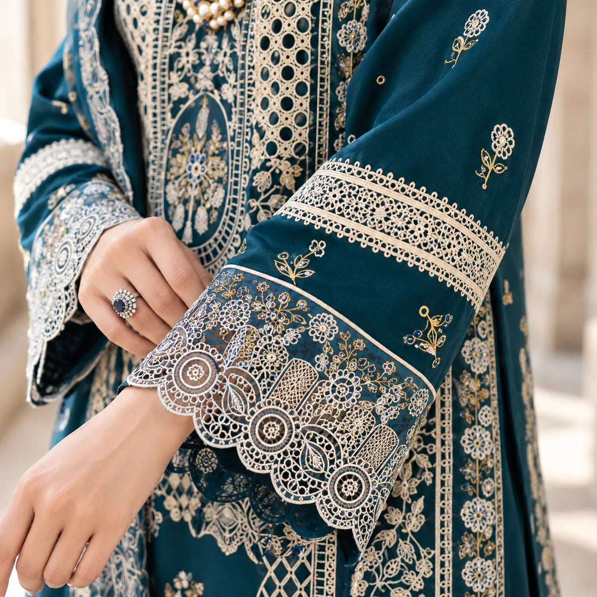 Teal Blue Dhanak Luxury Embroidered 3-Piece Winter Suit – DE-6135