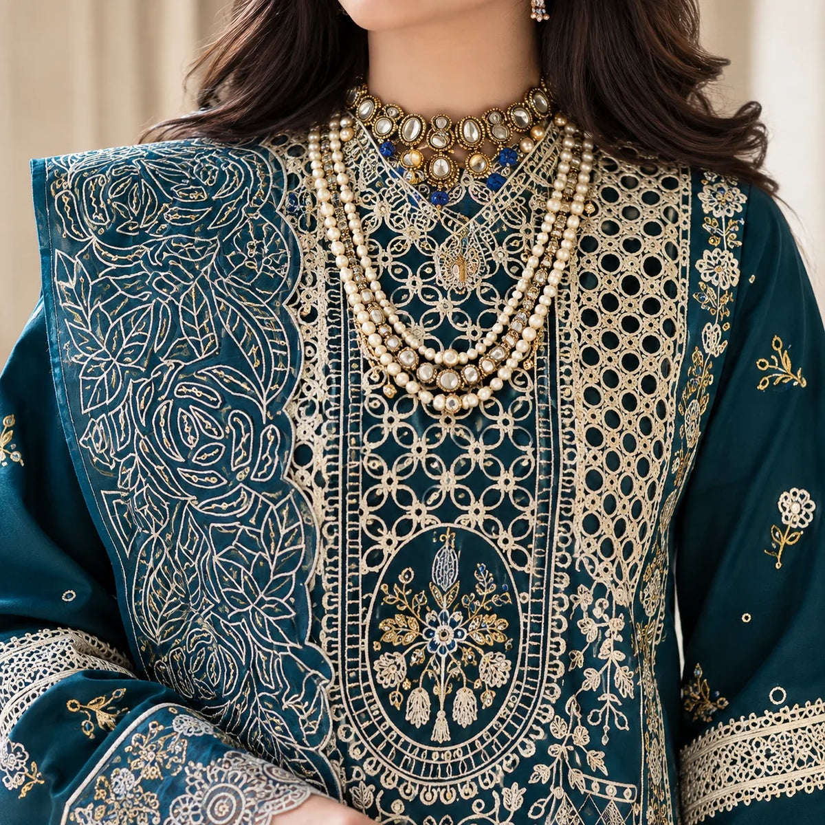 Teal Blue Dhanak Luxury Embroidered 3-Piece Winter Suit – DE-6135