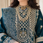Teal Blue Dhanak Luxury Embroidered 3-Piece Winter Suit – DE-6135