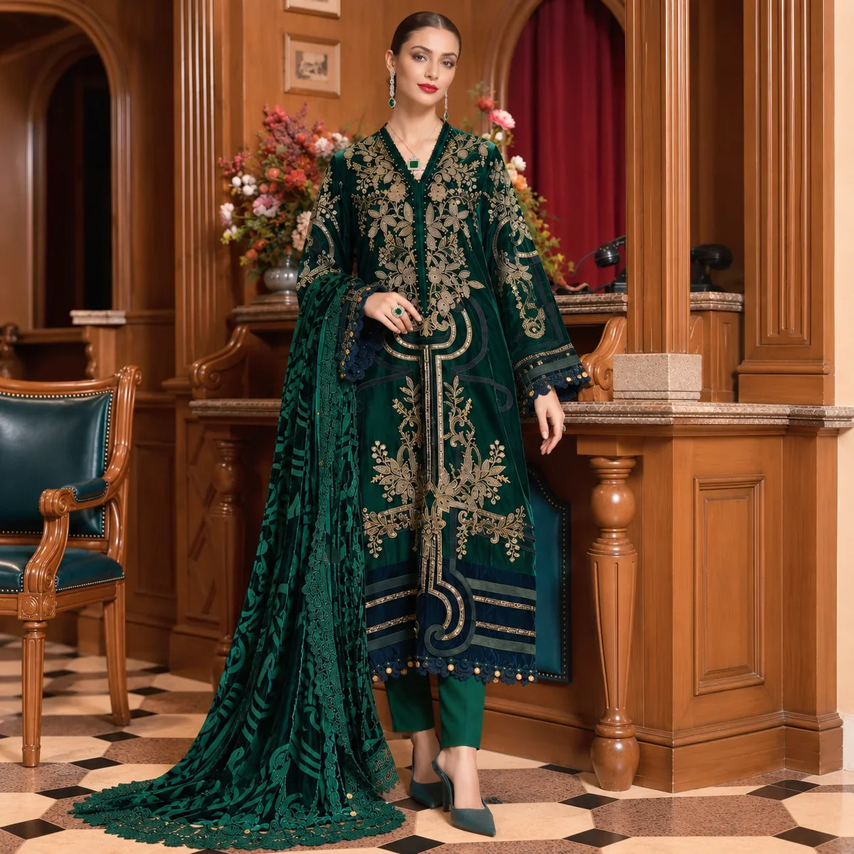 Bottle Green Dhanak Luxury Embroidered 3-Piece Winter Suit – DE-6172