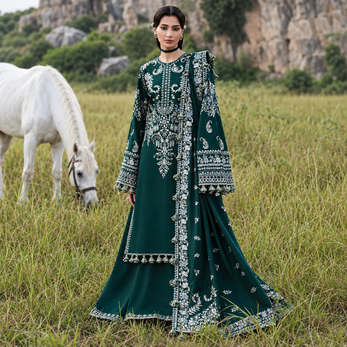 Deep Teal Dhanak Luxury Embroidered 3-Piece Winter Suit – DE-6181