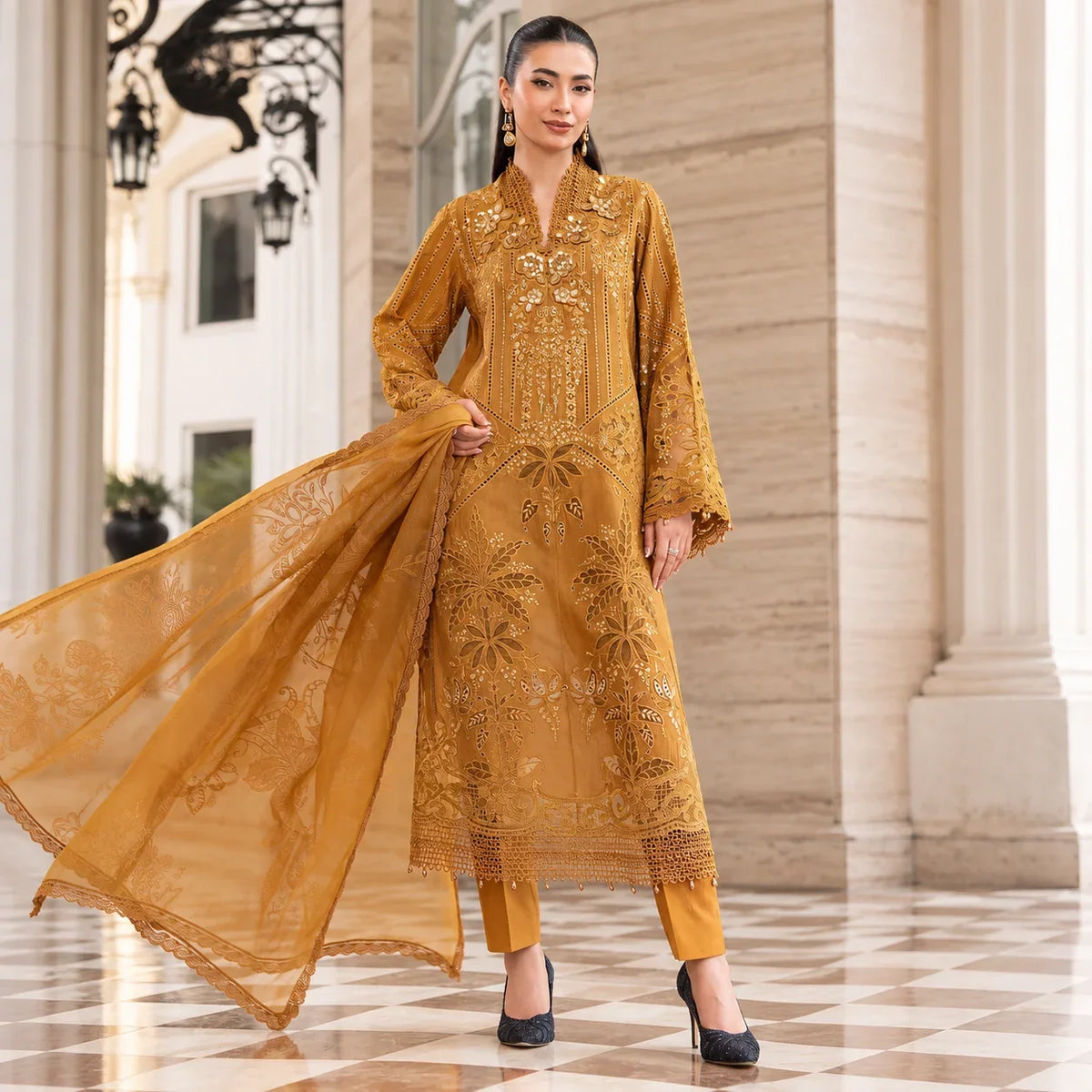 Mustard Gold Dhanak Luxury Embroidered 3-Piece Winter Suit – DE-6176