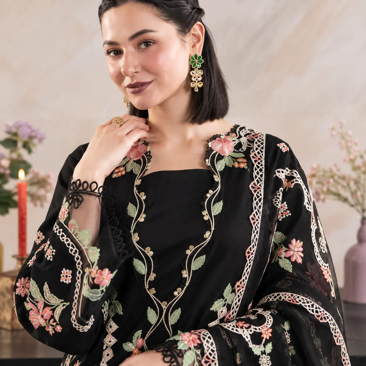 Black Dhanak Luxury Embroidered 3-Piece Winter Suit – DE-6522