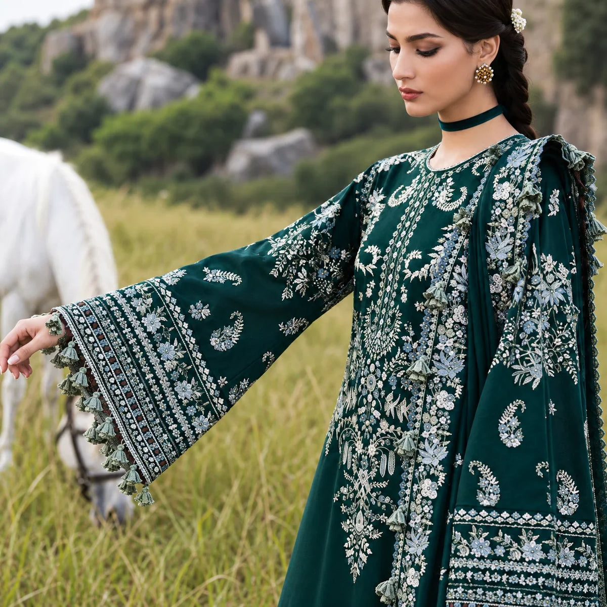 Deep Teal Dhanak Luxury Embroidered 3-Piece Winter Suit – DE-6181