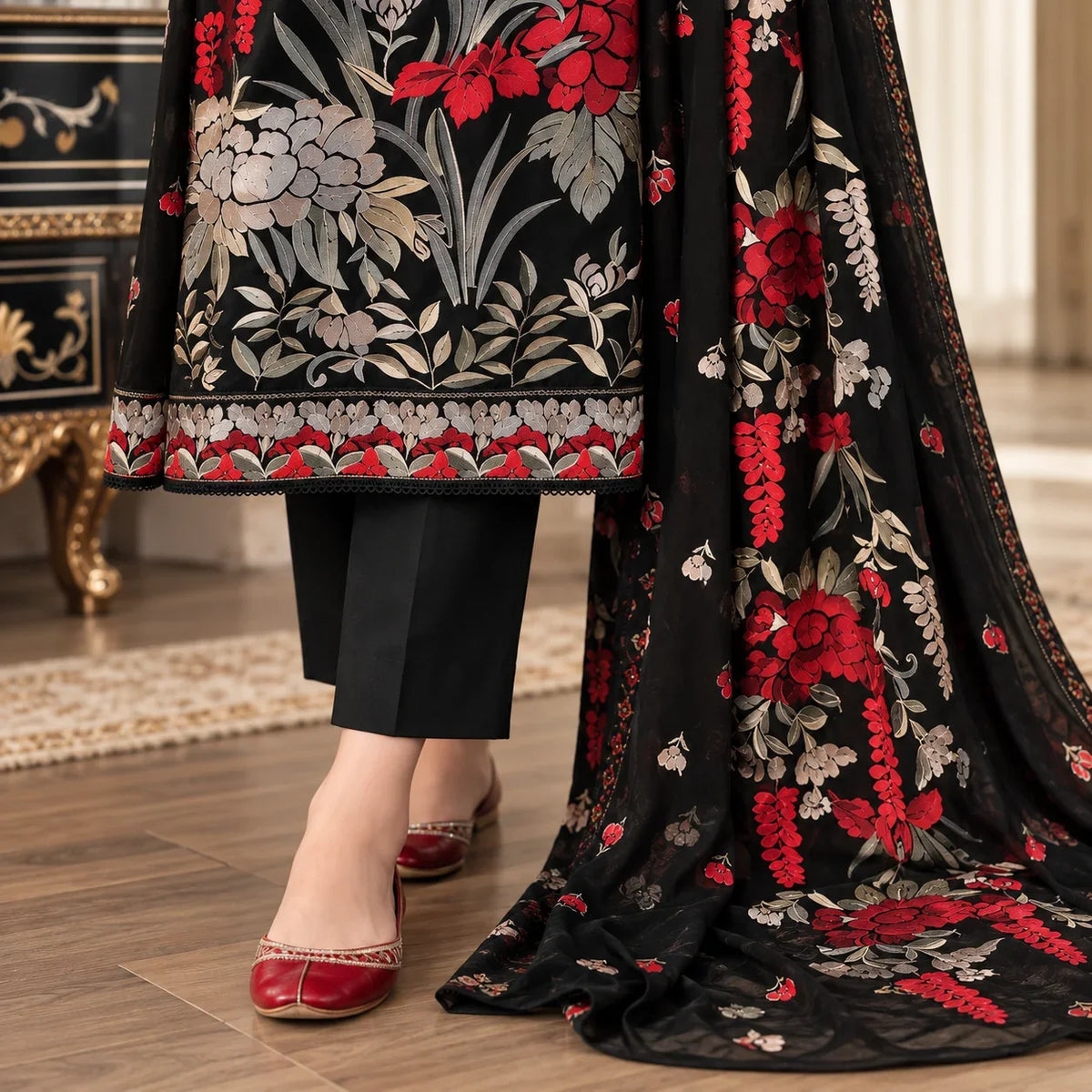 Bareeze Women's Embroidered 3-Piece Dhanak Winter Suit Black DE-6209