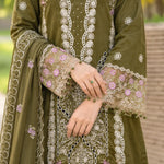 Olive Green Dhanak Luxury Embroidered 3-Piece Winter Suit – DE-6116