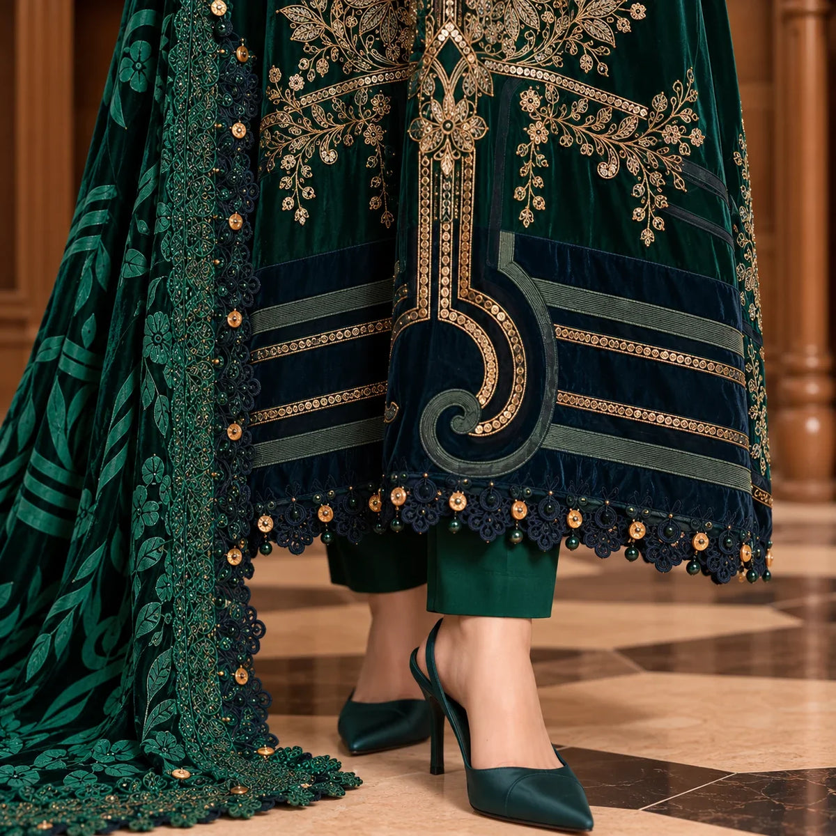 Bottle Green Dhanak Luxury Embroidered 3-Piece Winter Suit – DE-6172